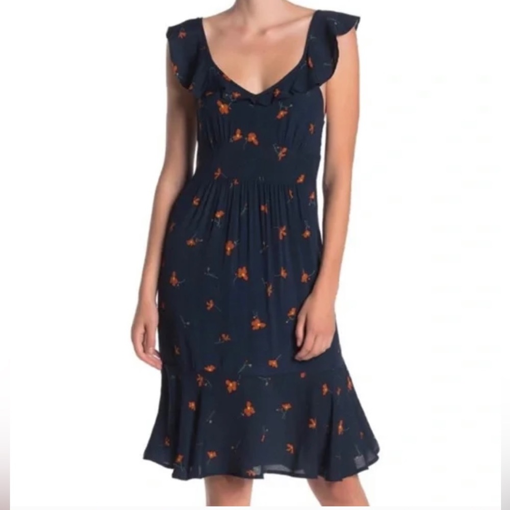 NWOT Isalis Navy Daisy Ruffle Midi Dress Sz Large